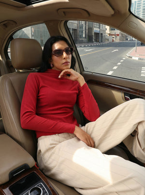 Woman Textured Slim Fit High Neck Full Sleeves Tops