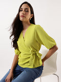 DL Woman Green Solid Textured V-Neck Half Sleeves Tie-Up Top