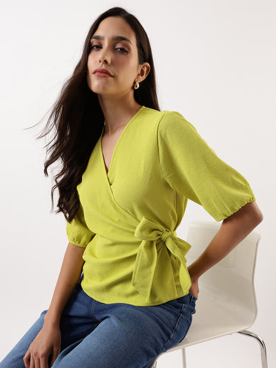 DL Woman Green Solid Textured V-Neck Half Sleeves Tie-Up Top