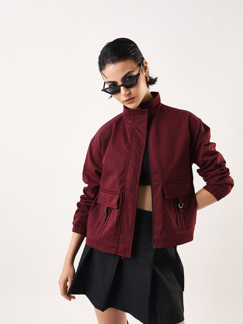DL Woman Cream Solid Mock Collar Full Sleeves Jacket