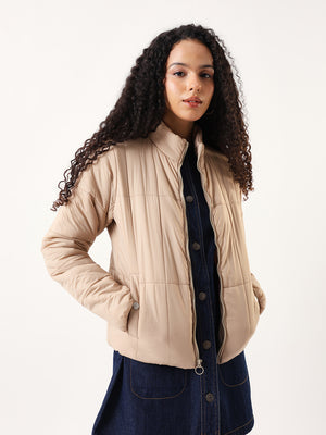 DL Woman Brown Solid Stand Collar Full Sleeves Puffer Jacket