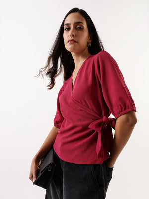 DL Woman Pink Solid Textured V-Neck Half Sleeves Tie-Up Top