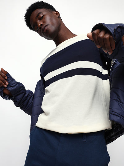 Men's Off White Striped Round Neck Relaxed Fit T-shirt