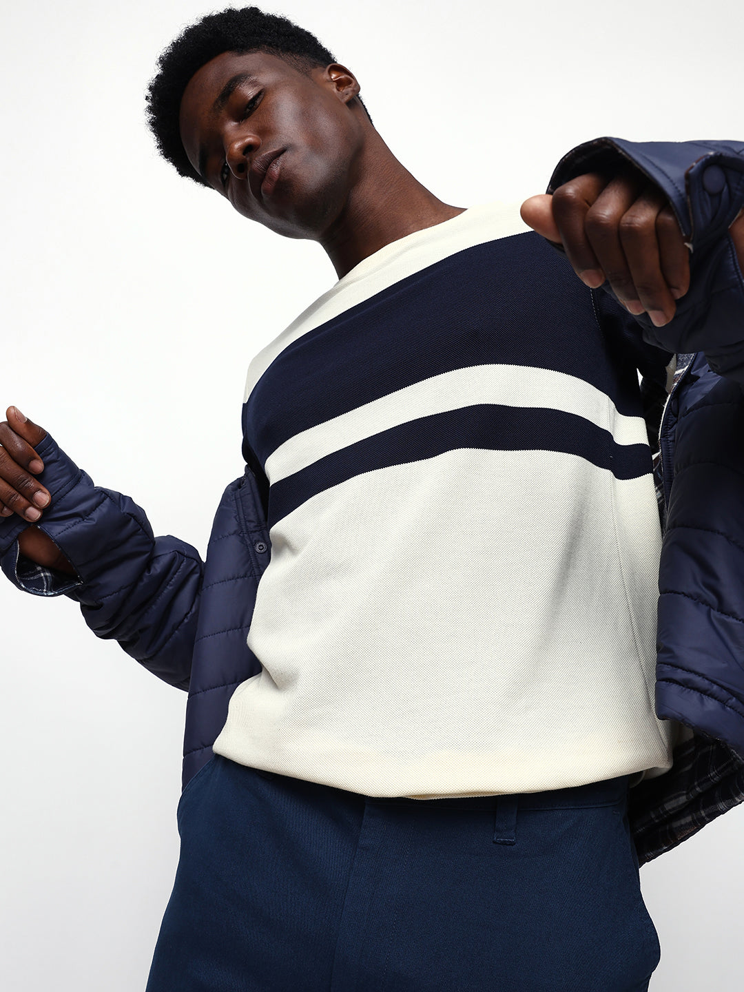 Men's Off White Striped Round Neck Relaxed Fit T-shirt