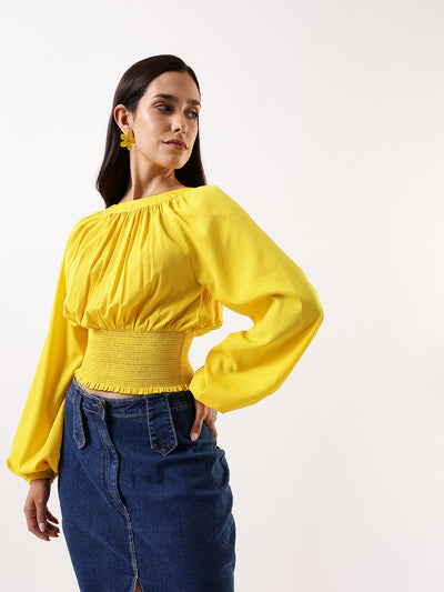 DL Woman Solid Round Neck Elasticated Top