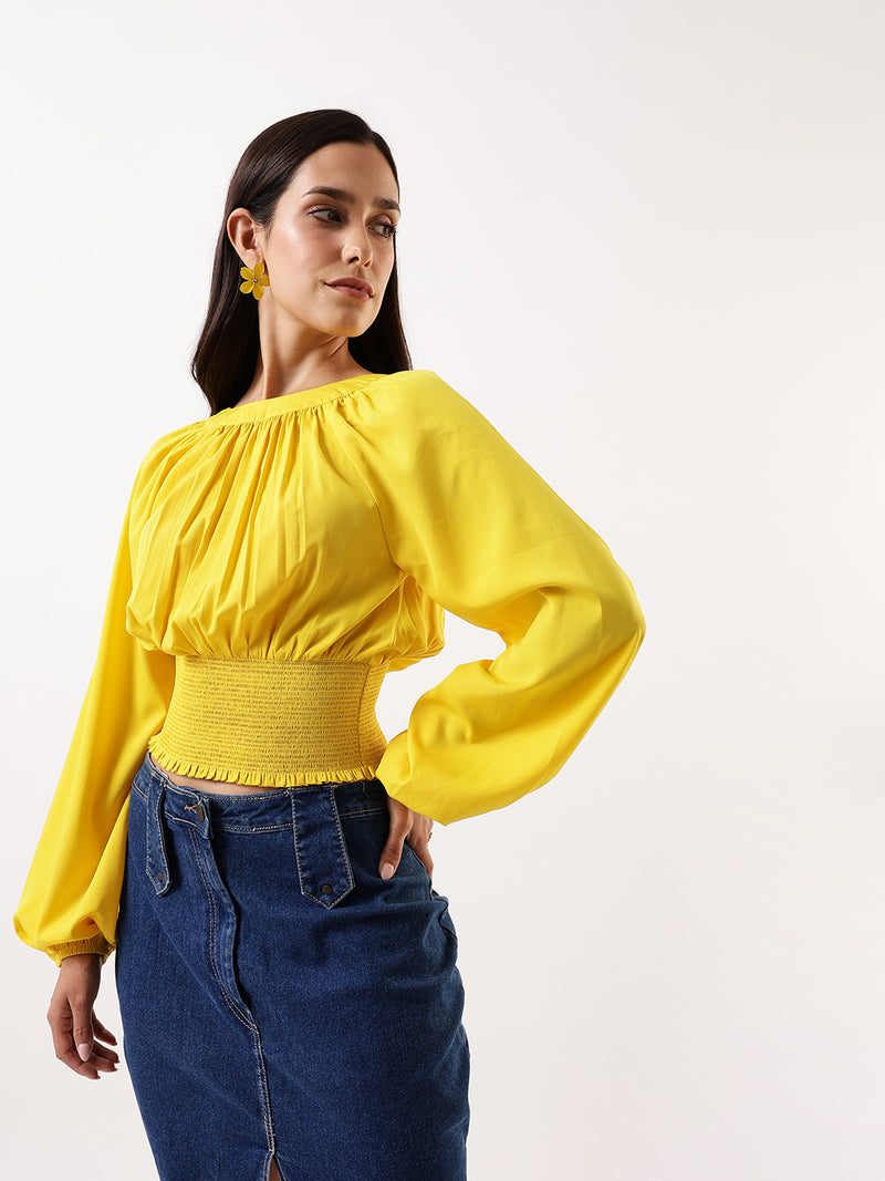 DL Woman Solid Round Neck Elasticated Top