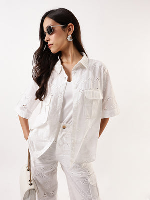 DL Woman White Schiffli Half Sleeves Shirt with Trousers Co-ords