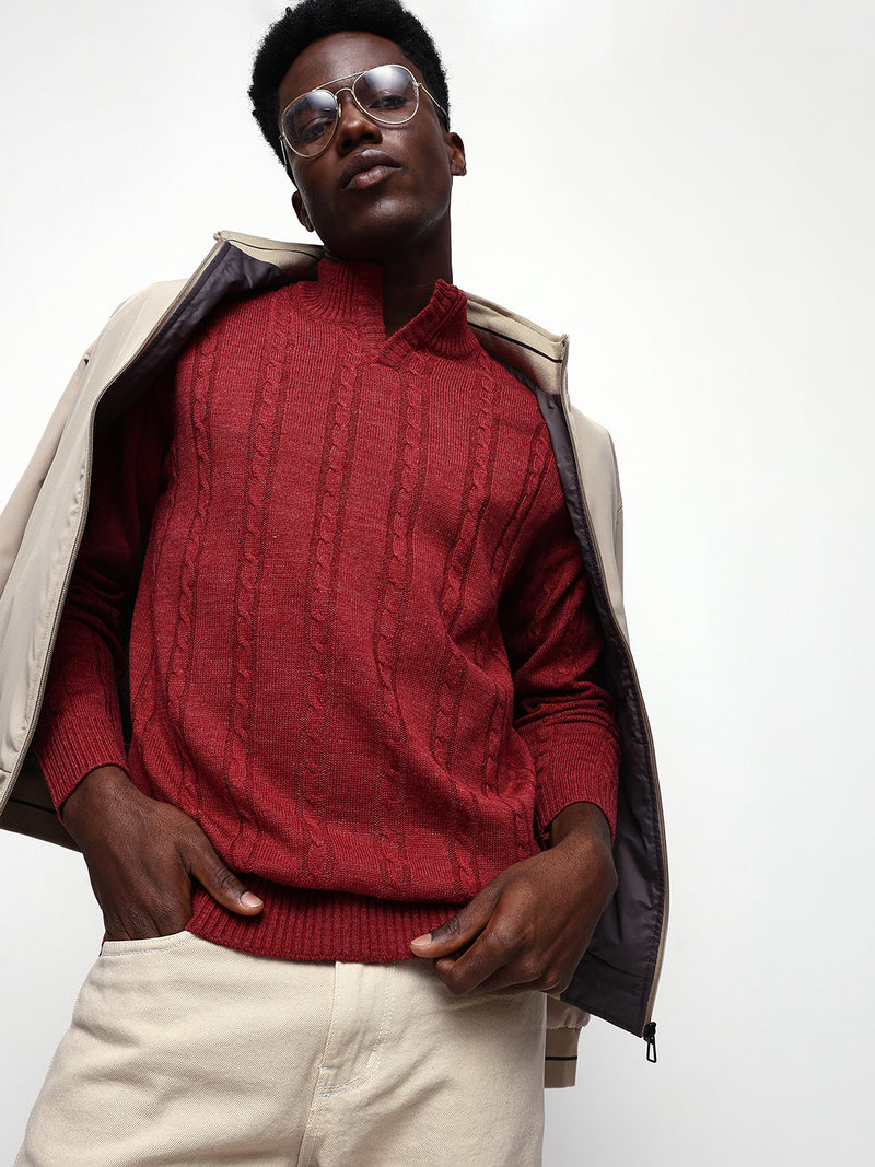 Men's Cable Knit Solid Mock Collar Pullover Sweater