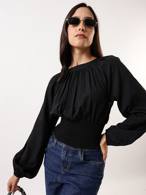 DL Woman Solid Round Neck Elasticated Top