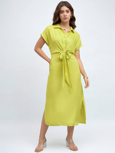 DL Woman Shirt Collar Regular Fit Solid Green Dress