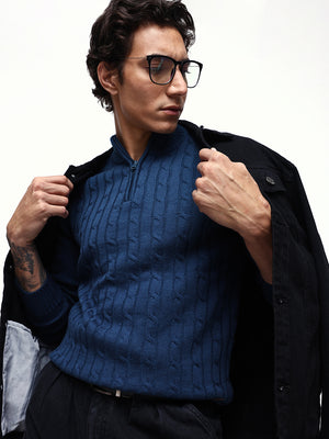 Men's Cable Knit Solid Mock Collar Pullover Sweater