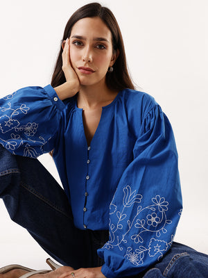 DL Woman Solid Embroidered Sleeves Mandarin Collar Top