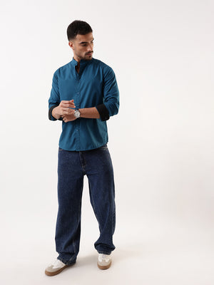 Men Teal Solid Mandarin Collar Full Sleeves Regular Fit Casual Shirt