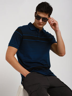 Men's Spread Collar Regular Fit Y/D Stripes Blue T-Shirt