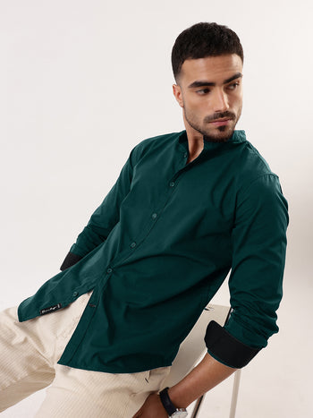 Men Bottle green Solid Mandarin Collar Full Sleeves Regular Fit Casual Shirt