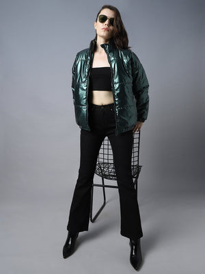 Women Mock Collar Long Sleeves Puffer Jacket