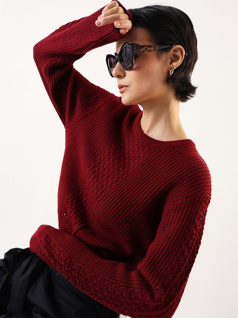 DL Woman Solid Round Neck Full Sleeves Crochet Sweater