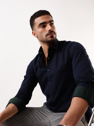 Men Navy Solid Spread Collar Full Sleeves Regular Fit Casual Shirt