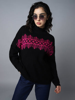 Women Geometric Printed Mock Collar Long Sleeve Acrylic Pullover Sweaters