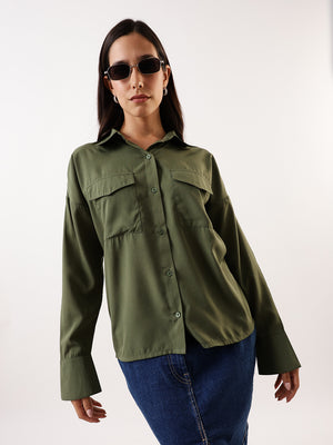 DL Woman Solid Double Pocket Spread Collar Shirt