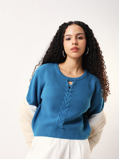 DL Woman Solid Round Neck Full Sleeves Cable Knit Sweater
