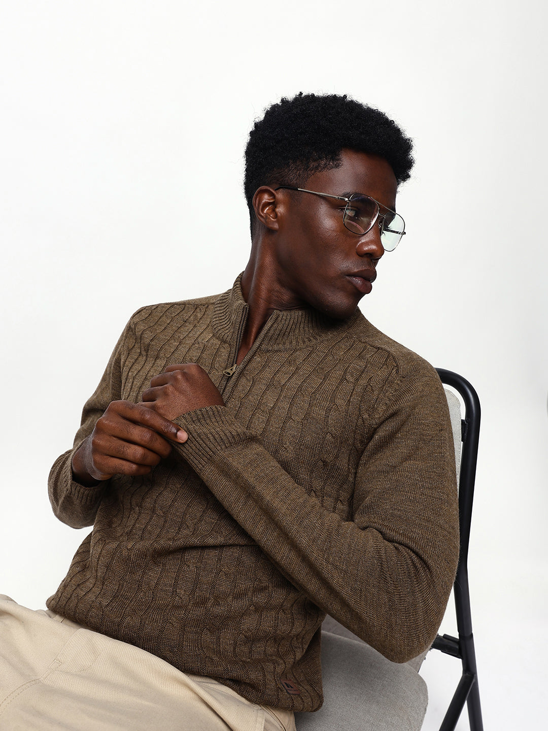 Men's Cable Knit Solid Mock Collar Pullover Sweater