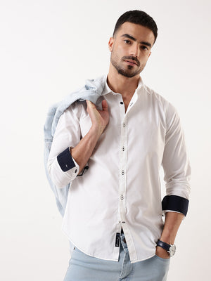 Men White Solid Spread Collar Full Sleeves Regular Fit Casual Shirt