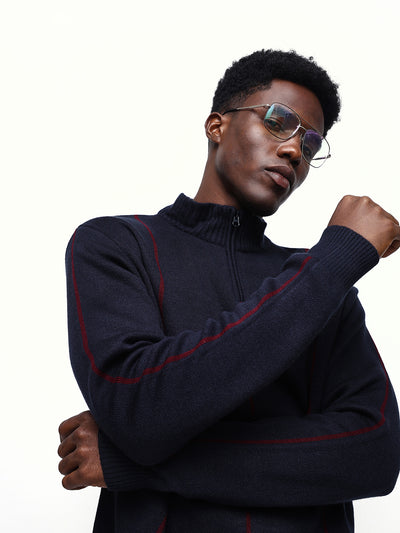 Men's Striped Mock Collar Pullover Sweater