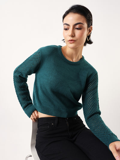 DL Woman Solid Round Neck Pointelle Knit Sweater