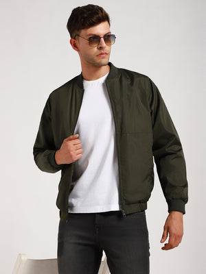 Men's Rib Collar Regular Fit Solid Green Bomber Jacket