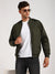 Men's Rib Collar Regular Fit Solid Green Bomber Jacket