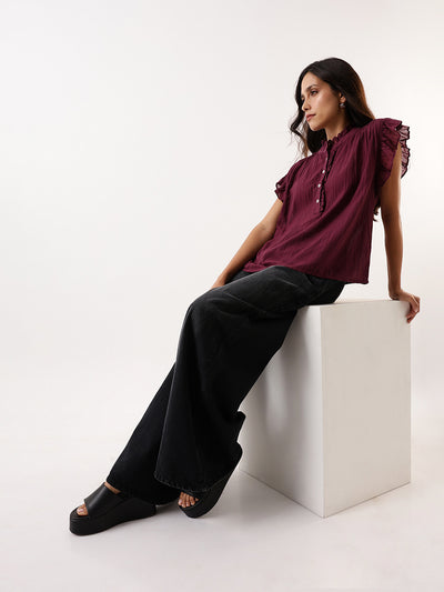 DL Woman Mauve Solid Textured Sleeveless Round Neck Ruffle Top