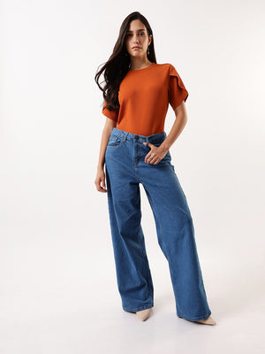 DL Woman Rust Solid Textured Round Neck Petal Sleeves Top