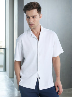 Men's White Solid Textured Cuban Collar Full Sleeves Casual Shirt