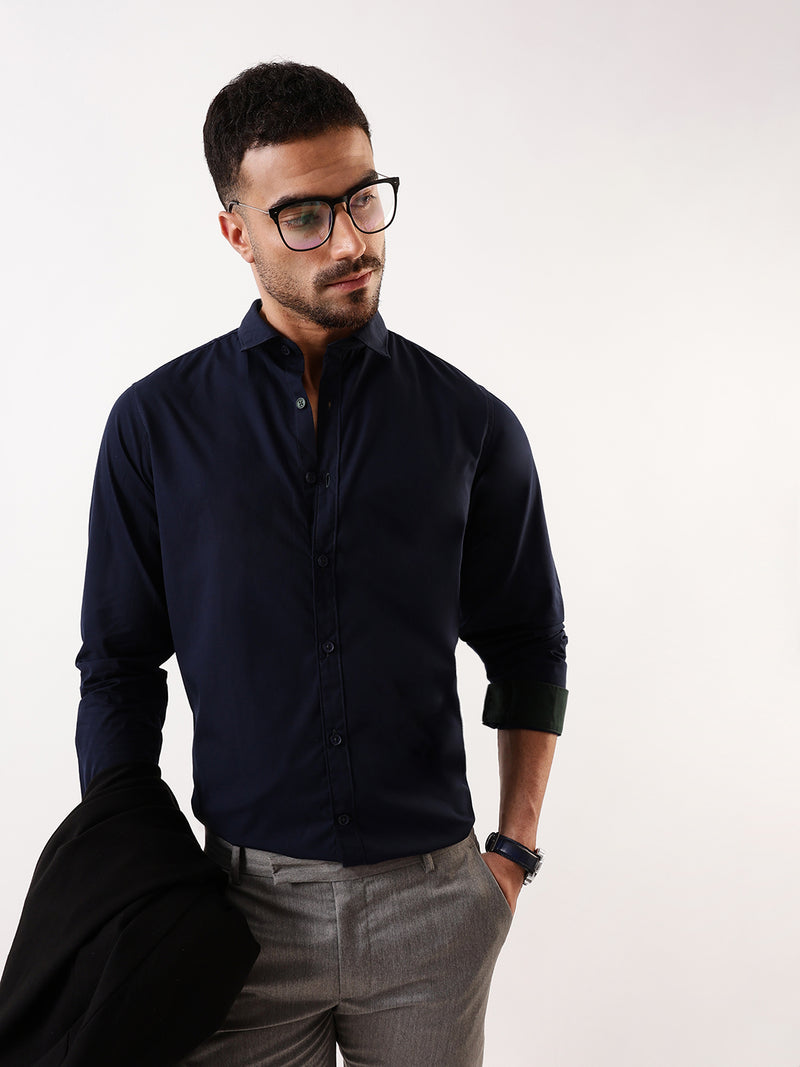 Men Navy Solid Spread Collar Full Sleeves Regular Fit Casual Shirt