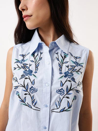 DL Woman Light Blue Embroidered Spread Collar Sleeveless Shirt Dress