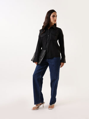 DL Woman Solid Double Pocket Spread Collar Shirt