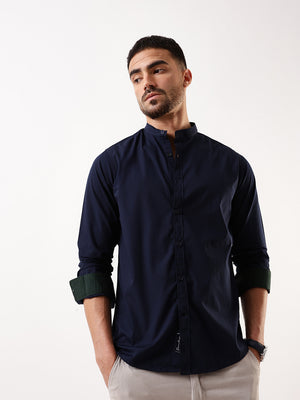 Men's Navy Solid Mandarin Collar Full Sleeves Regular Fit Casual Shirt