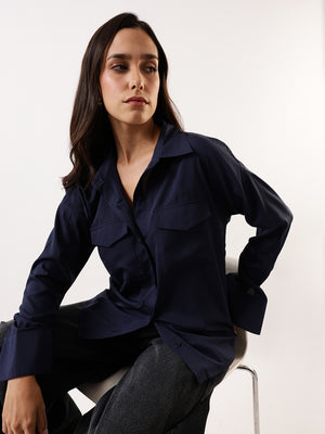 DL Woman Solid Double Pocket Spread Collar Shirt
