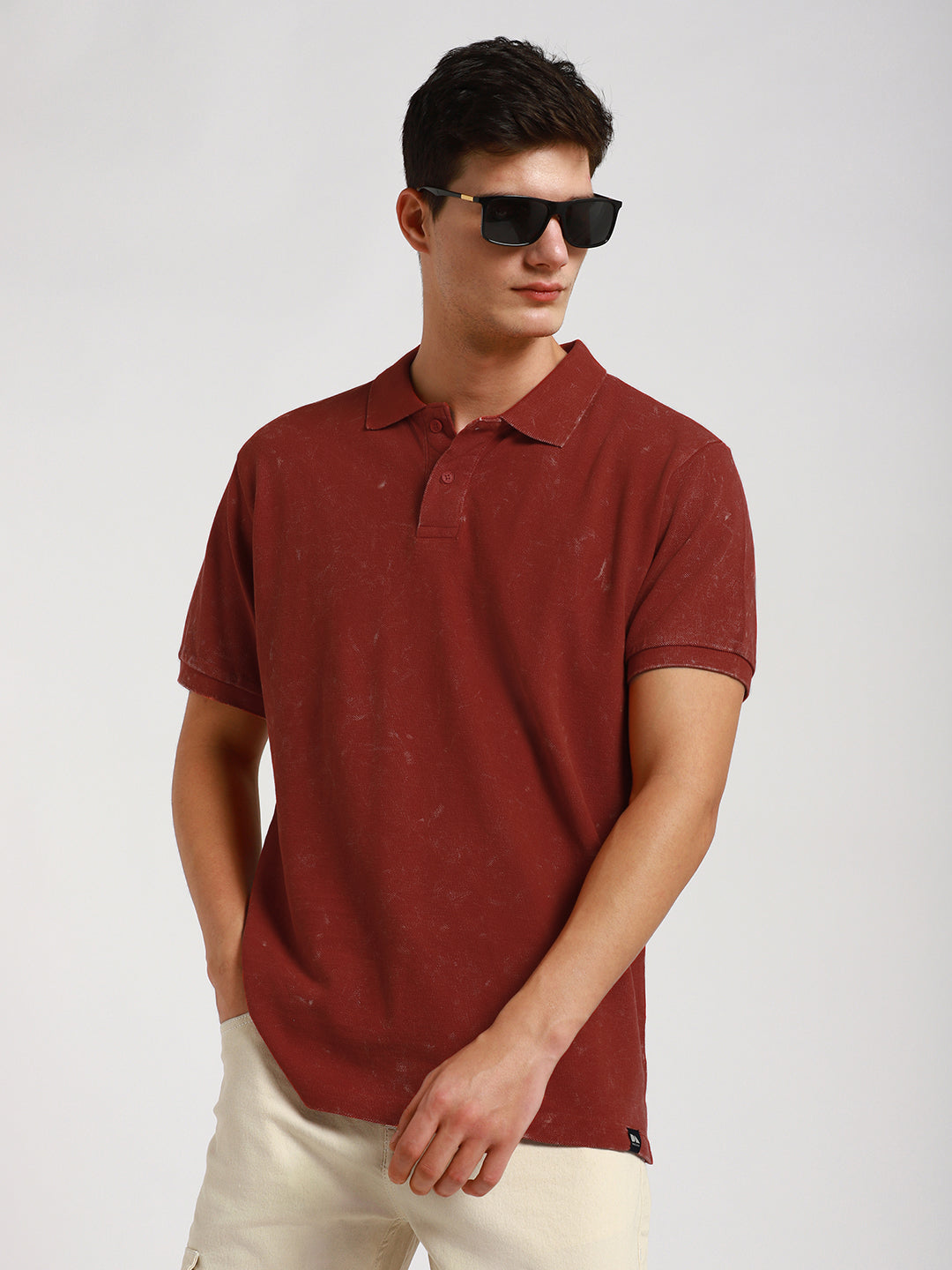 Men's Spread Collar Regular Fit Washed Effect Rust Polo T-Shirt