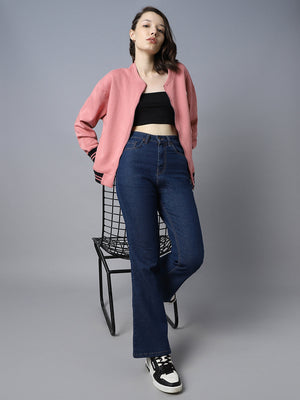 Women Mandarin Collar Long Sleeve Front-Open Sweatshirt