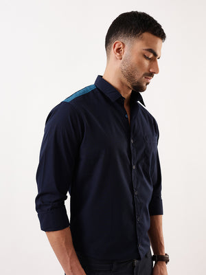 Men Navy Solid Spread Collar Full Sleeves Regular Fit Casual Shirt