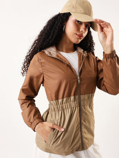 DL Woman Colourblocked Full Sleeves Hooded Casual Jacket