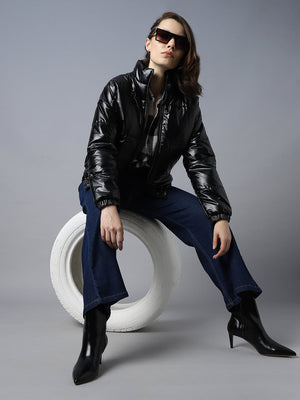 Women Mock Collar Long Sleeves Puffer Jacket