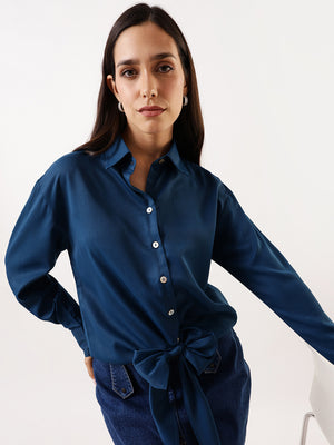 DL Woman Solid Knotted Shirt Collar Top