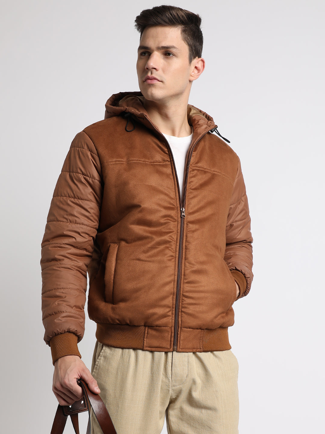 Dennis Lingo Men's Tan Suede Solid Hood Full Sleeve Puffer W Hood Jackets