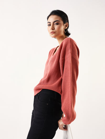 DL Woman Coral Solid V- Neck Sweater
