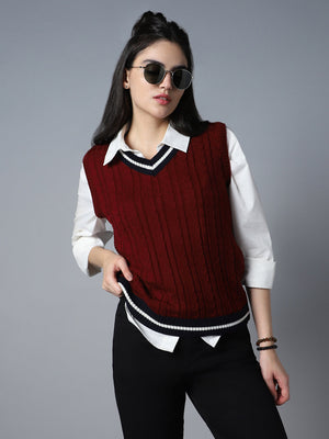 Women Cable Knit V-Neck Sleeveless Acrylic Sweater Vest