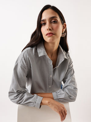DL Woman Black Striped Spread Collar Full Sleeves Relaxed Fit Tie-Up Shirt