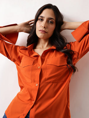 DL Woman Solid Double Pocket Spread Collar Shirt